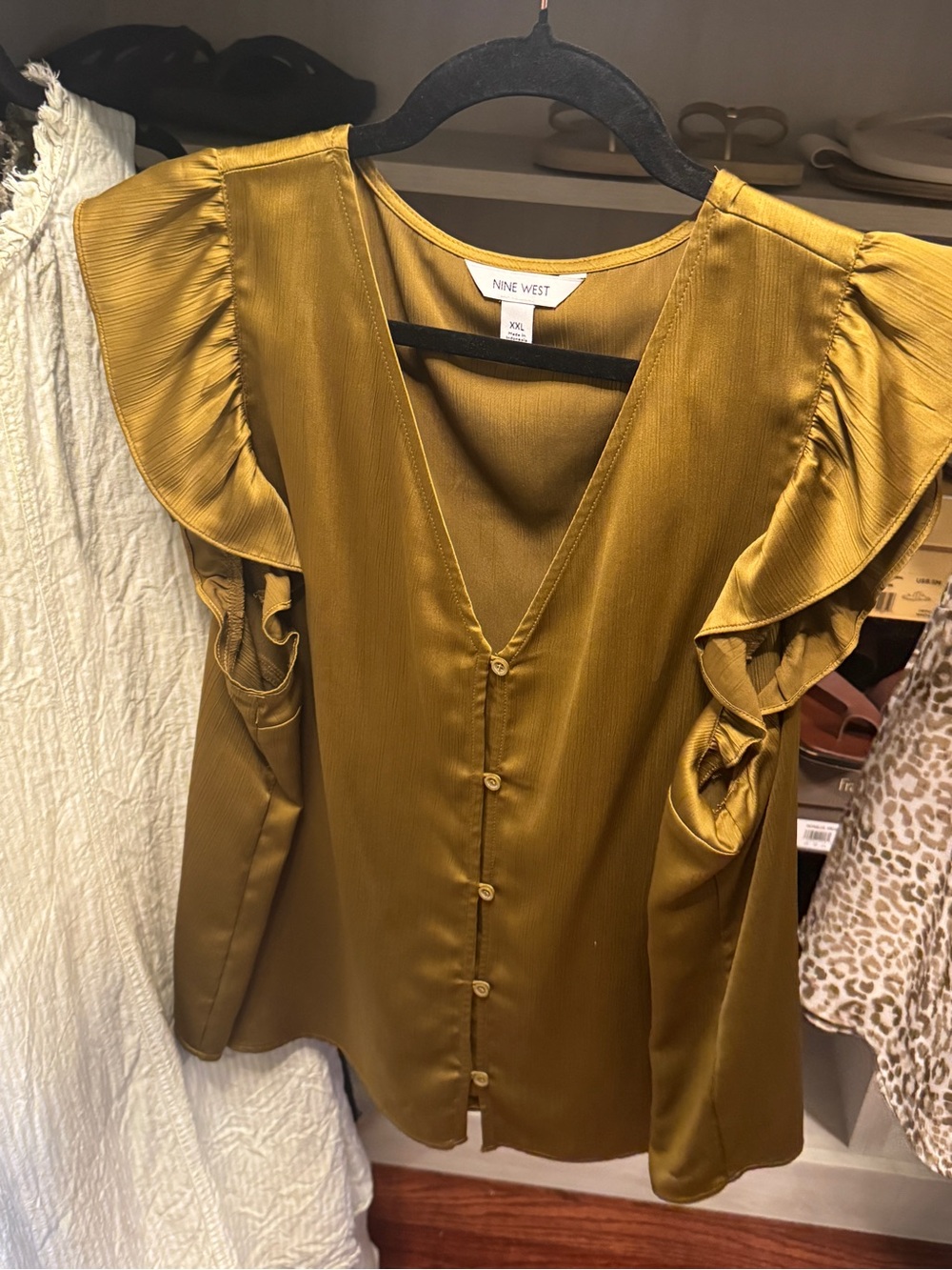 Nine West Mustard/Golden Ruffle Sleeve Button-Front Blouse